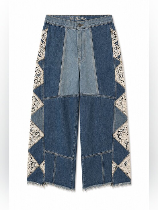 We The Free Denim - We The Free In My Element Patchwork Lace High Rise Flare Jeans Raw Hem, 30